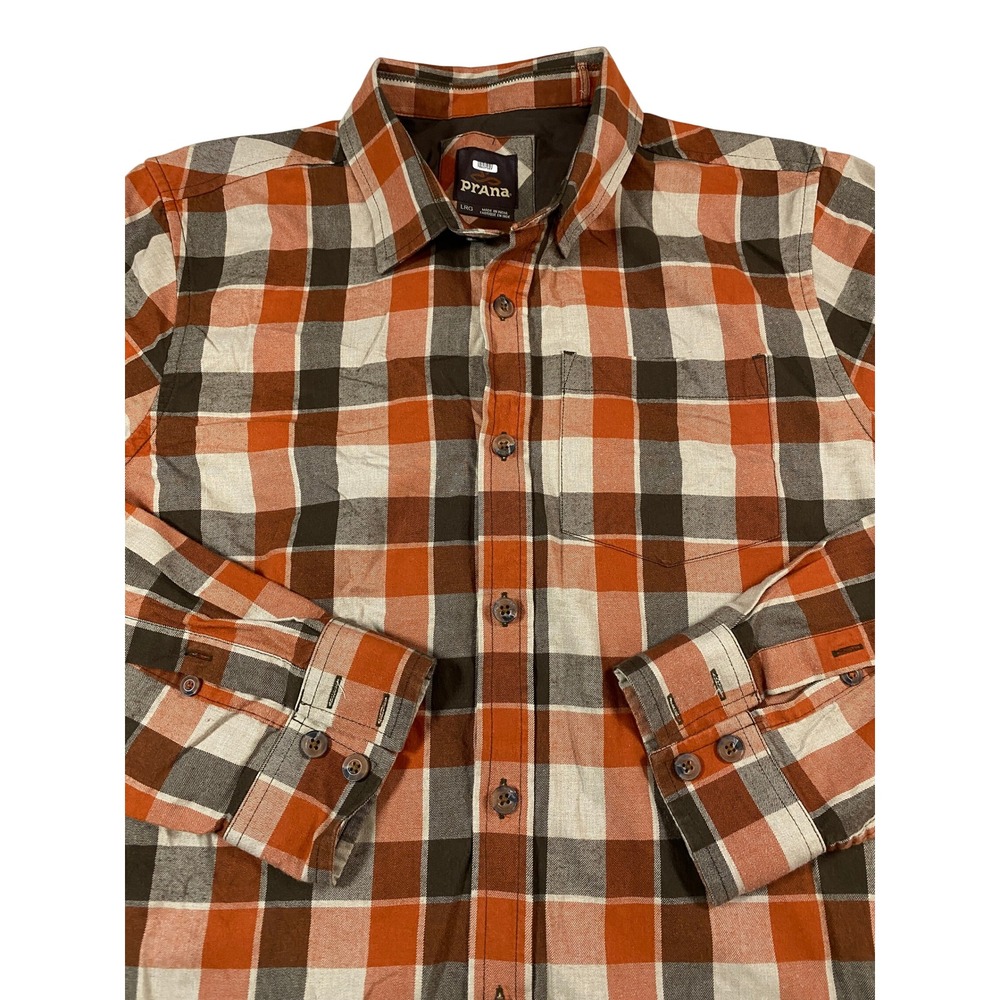 Prana Mens‎ Large Plaid Flannel Button Down Shirt Orange Brown Grey Long Sleeve